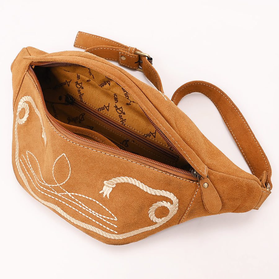 American Darling Genuine Vegetable-Tanned Leather Fanny Pack Crossbody with Western Boot Stitch Embroidery