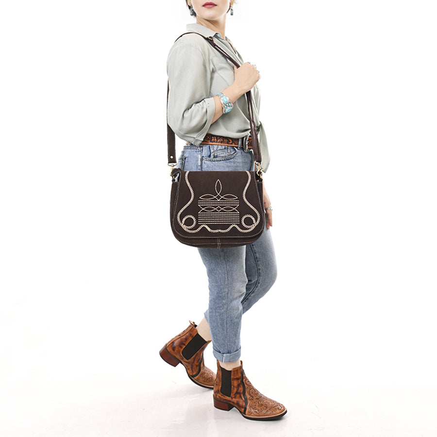 American Darling Suede Leather Cross body Bag Genuine Vegetable-Tanned Leather Purse with Boot Stitched Embroidery