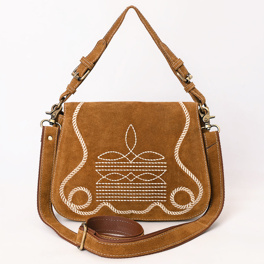 American Darling Suede Leather Cross body Bag Genuine Vegetable-Tanned Leather Purse with Boot Stitched Embroidery