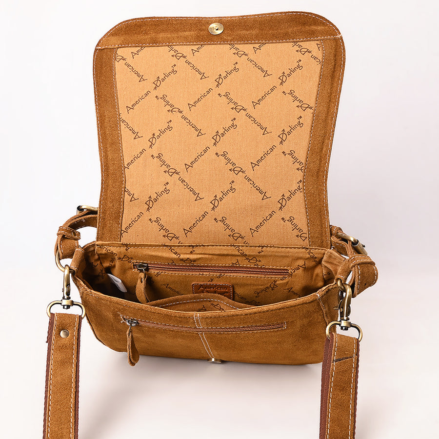 American Darling Suede Leather Cross body Bag Genuine Vegetable-Tanned Leather Purse with Boot Stitched Embroidery