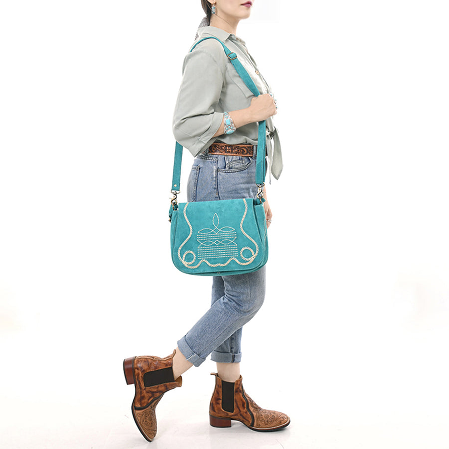 American Darling Suede Leather Cross body Bag Genuine Vegetable-Tanned Leather Purse with Boot Stitched Embroidery