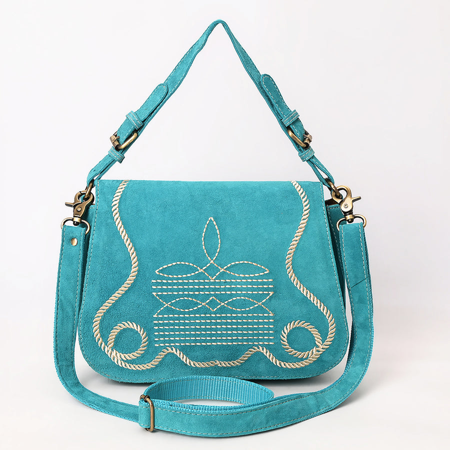 American Darling Suede Leather Cross body Bag Genuine Vegetable-Tanned Leather Purse with Boot Stitched Embroidery
