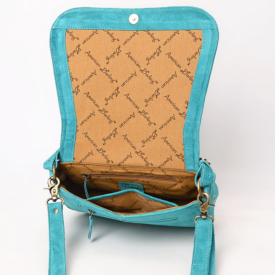 American Darling Suede Leather Cross body Bag Genuine Vegetable-Tanned Leather Purse with Boot Stitched Embroidery