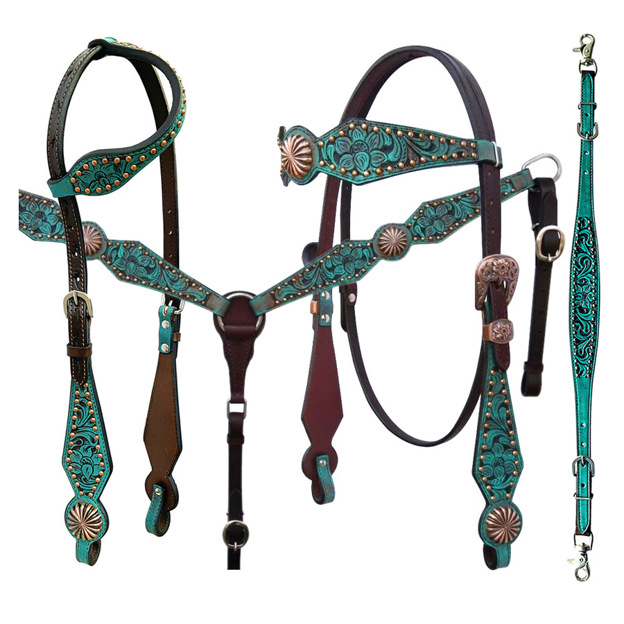 Bar H Equine American Leather Horse Saddle Tack One Ear Headstall Breast Collar Browband Wither Strap Set Spotted Pinwheel