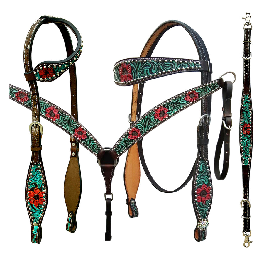 Bar H Equine American Leather Horse Saddle Tack One Ear Headstall Breast Collar Browband Wither Strap Set Botanic Chiseled