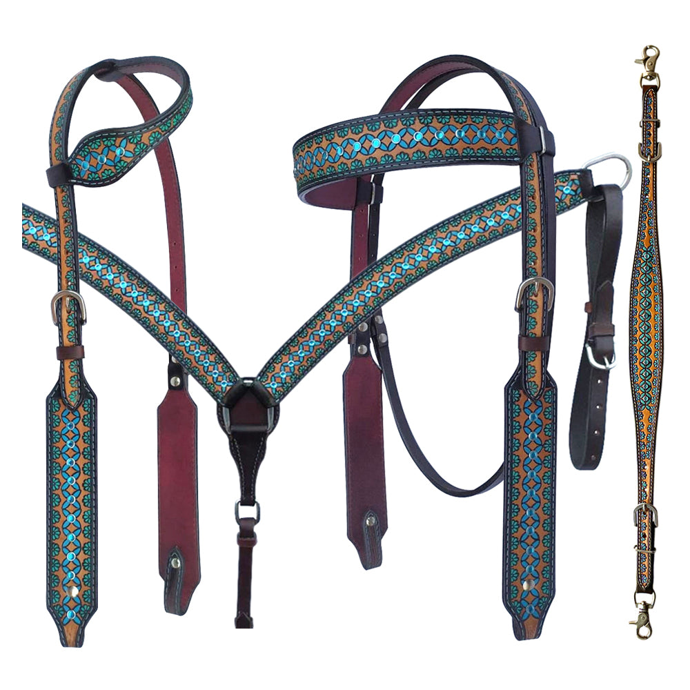 Bar H Equine American Leather Horse Saddle Tack One Ear Headstall Breast Collar Browband Wither Strap Turquoise Symmetry