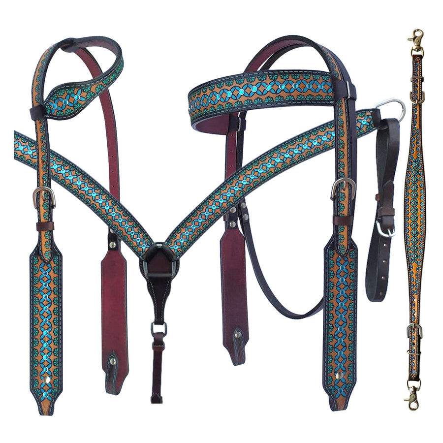 Bar H Equine American Leather Horse Saddle Tack One Ear Headstall Breast Collar Browband Wither Strap Set Turquoise Symmetry