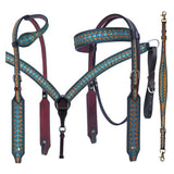 Bar H Equine American Leather Horse Saddle Tack One Ear Headstall Breast Collar Browband Wither Strap Turquoise Symmetry