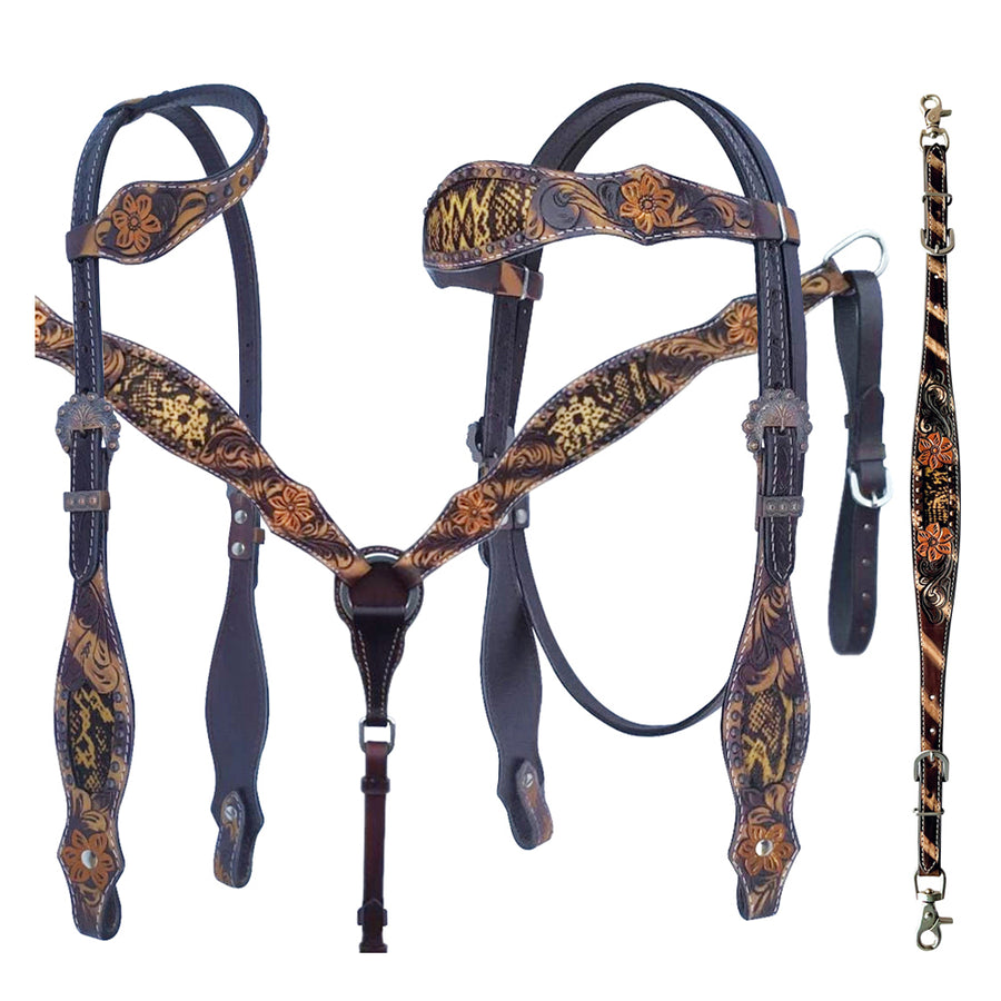Bar H Equine American Leather Horse Saddle Tack One Ear Headstall Breast Collar Browband Wither Strap Set Tropical Snake