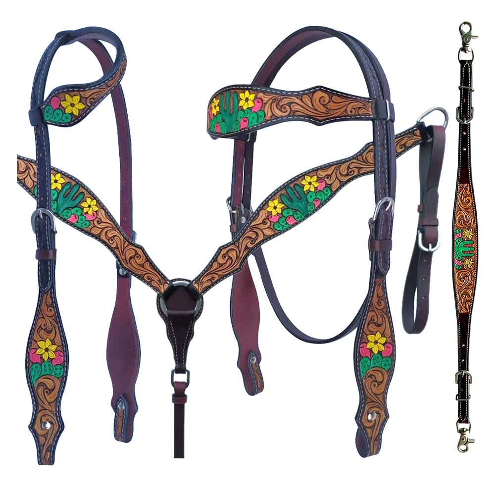 Bar H Equine American Leather Horse Saddle Tack One Ear Headstall Breast Collar Browband Wither Strap Tropical Cacti Cactus