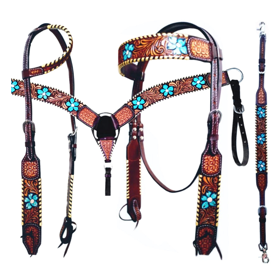 Bar H Equine American Leather Horse Saddle Tack One Ear Headstall Breast Collar Browband Wither Strap Set Turquoise Bloom
