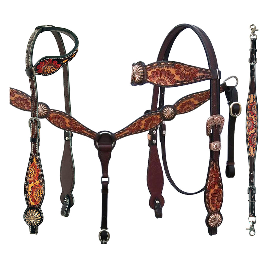 Bar H Equine American Leather Horse Saddle Tack One Ear Headstall Breast Collar Browband Wither Strap Set for Horses