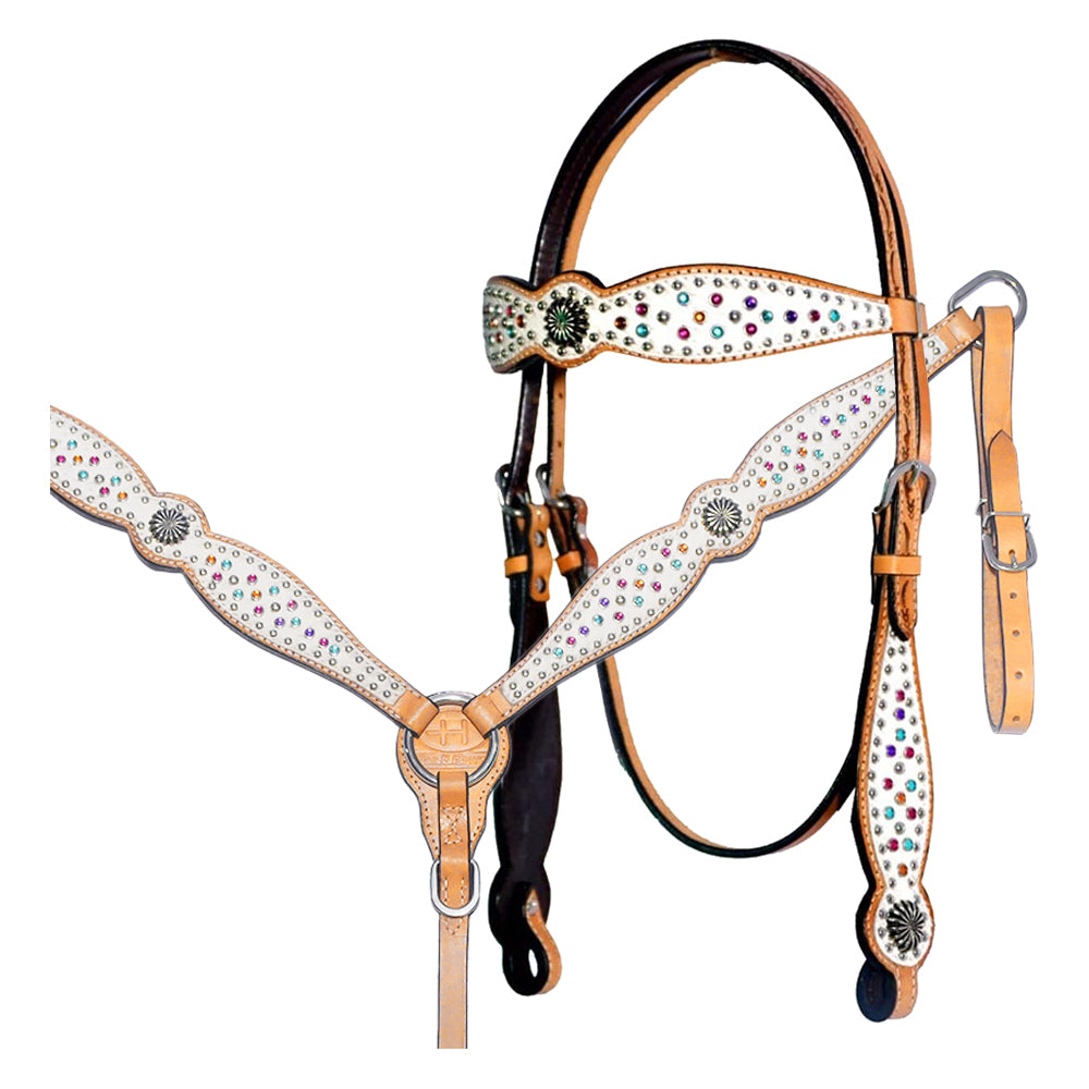 Bar H Equine Western Horse Pinwheel  Genuine American Leather Breast Collar Headstall Tack Set