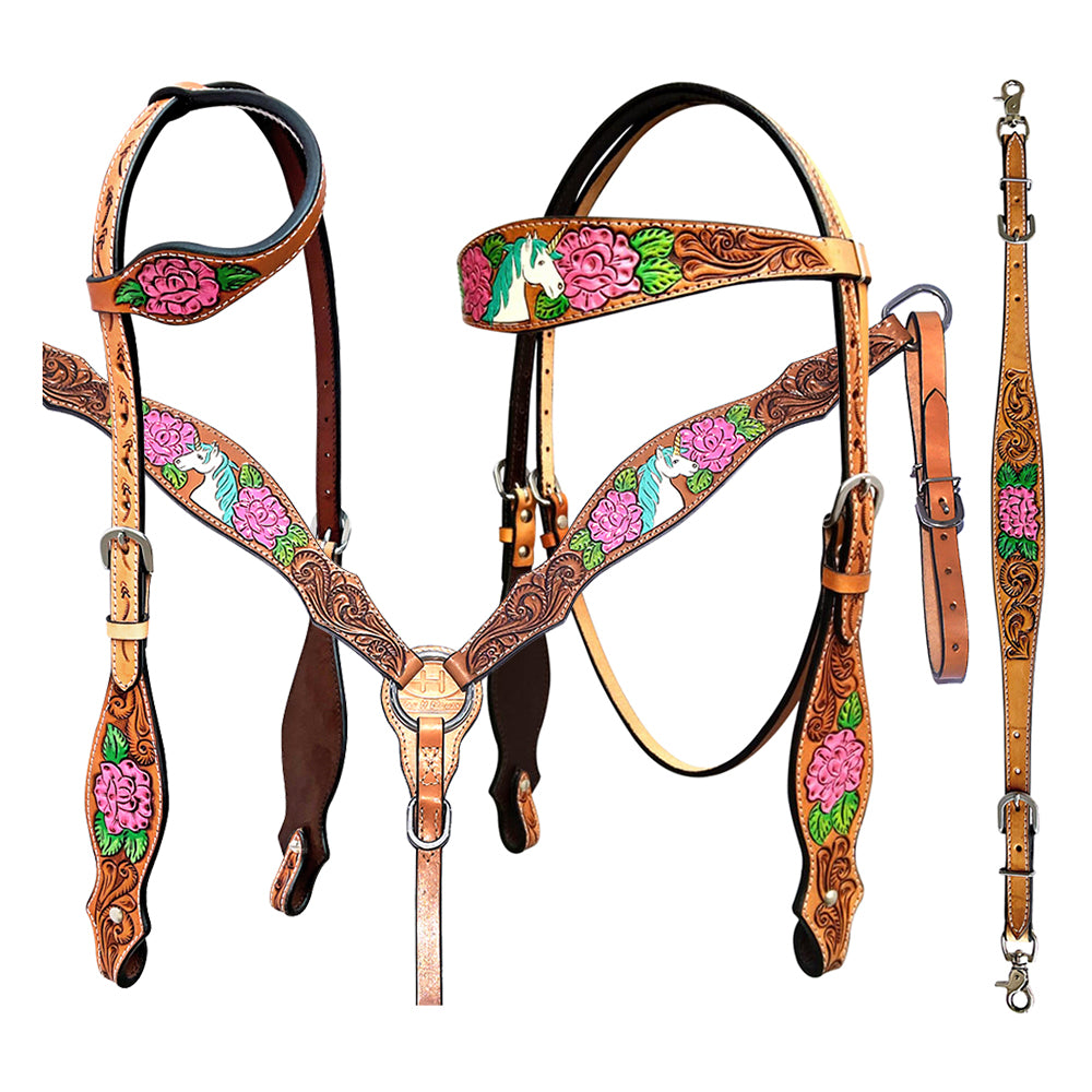 Bar H Equine Belle Unicorn Leather Headstall Tan