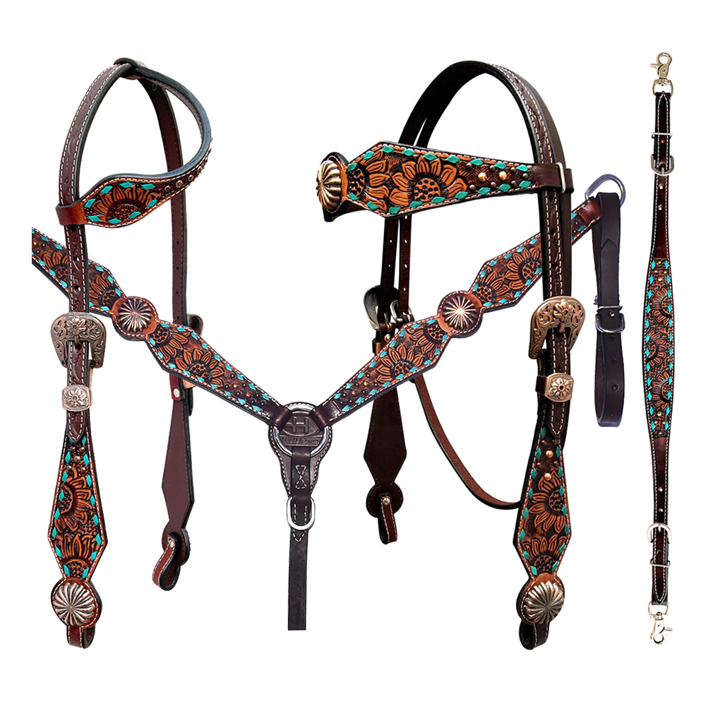 Bar H Equine Genuine Western American Leather Horse Premium Headstall & Breast Collar Set