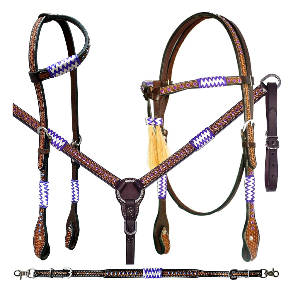 Bar H Equine Genuine Western American Leather Horse Premium Headstall & Breast Collar Set