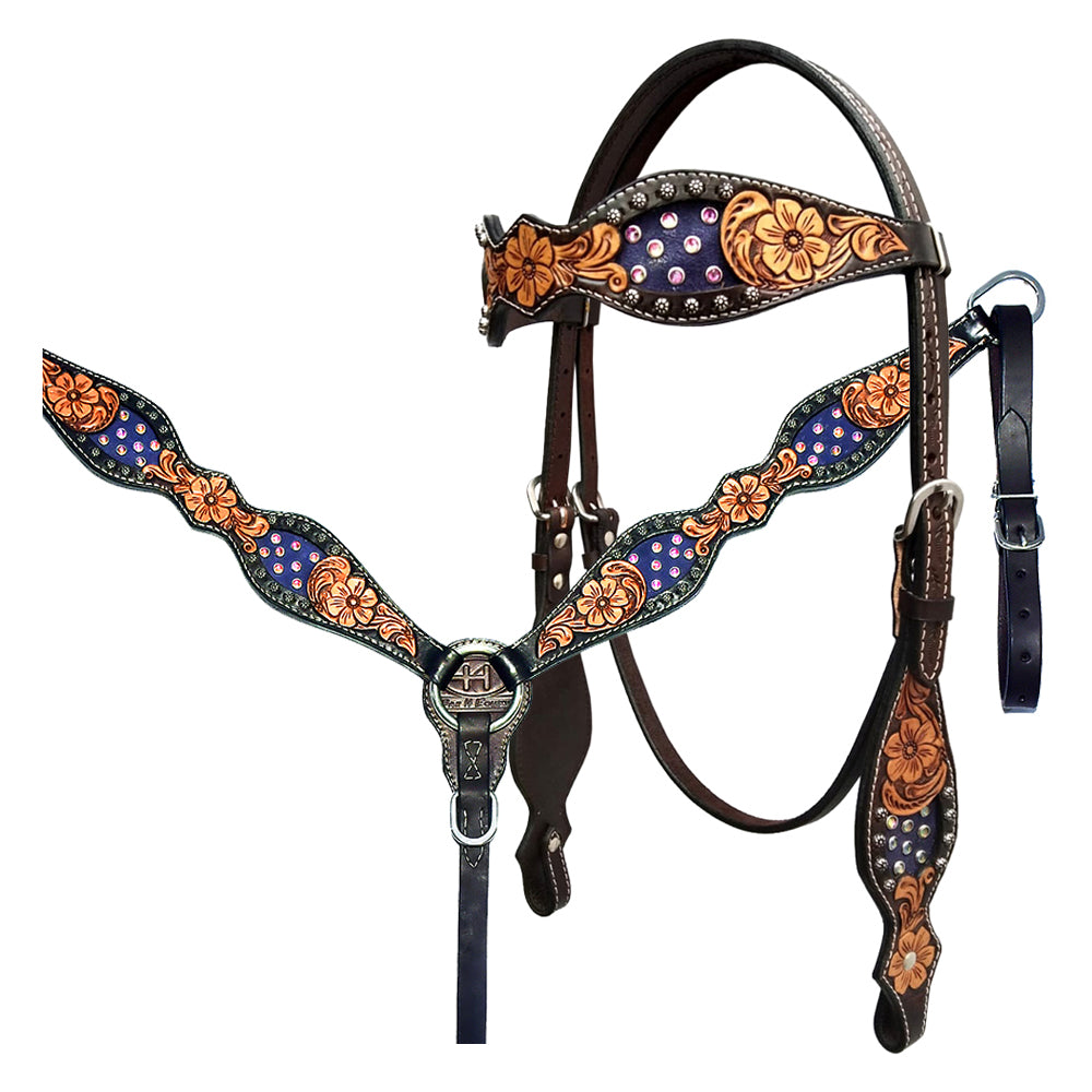 Bar H Equine Western Horse Floral Genuine American Leather Tack Set Brown
