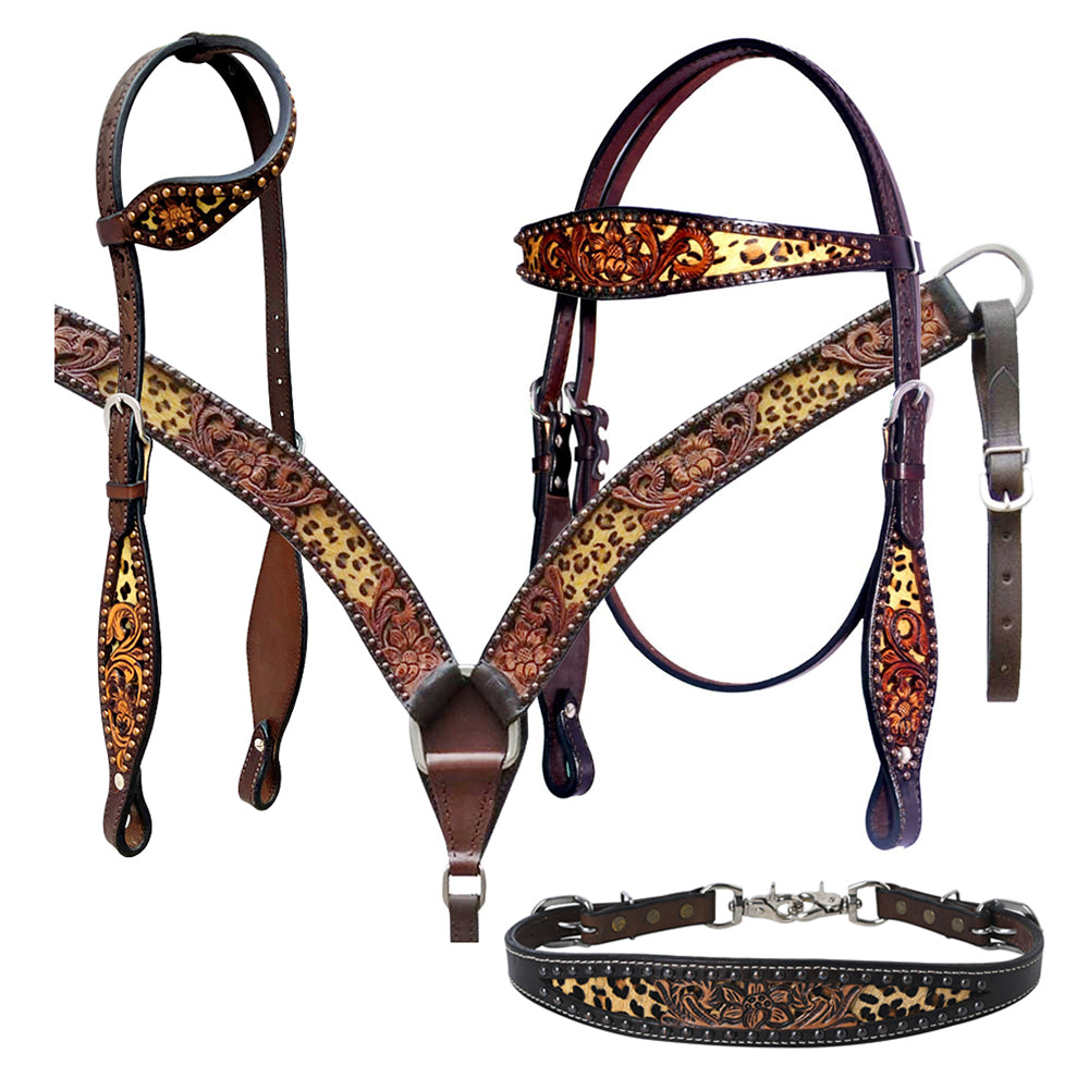 Bar H Equine American Leather Horse Saddle Tack One Ear Headstall | Breast Collar Browband Wither Strap Set BER249