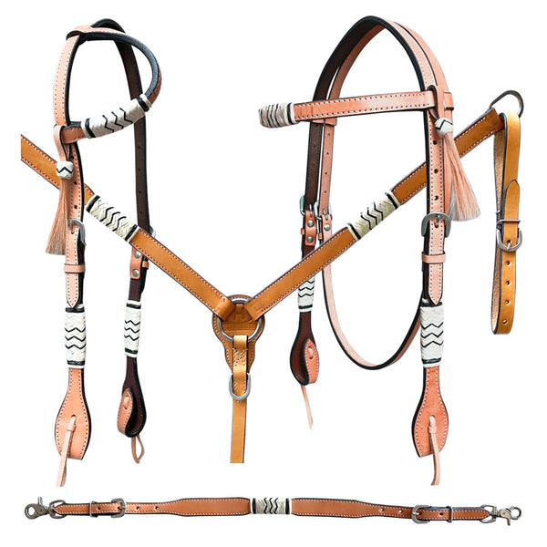 Martin Enterprises Western Leather Headstall & Breast Collar Set – Hand-Carved Beaded Design, Pony Size (M472)
