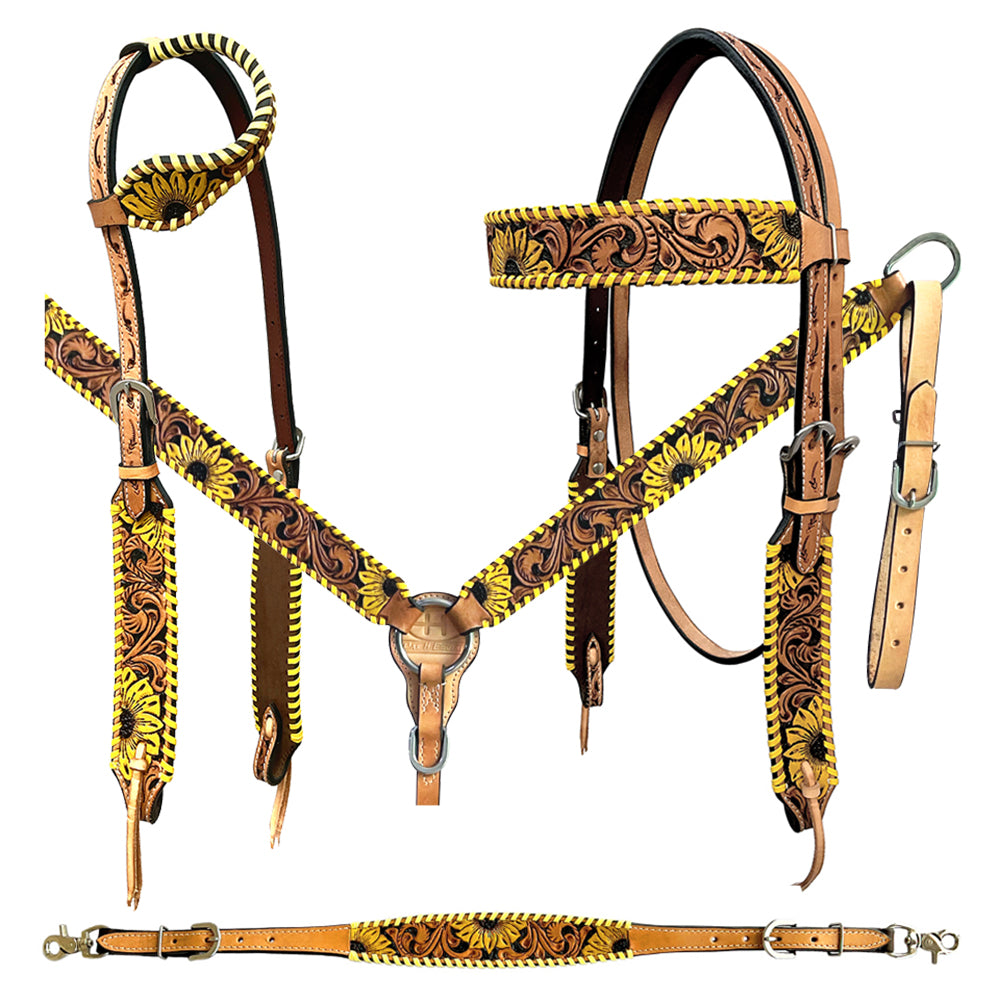 Bar H Equine American Leather Horse Saddle Tack One Ear Headstall | Breast Collar Browband Wither Strap Set BER255