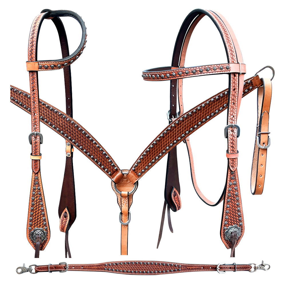 Bar H Equine American Leather Horse Saddle Tack One Ear Headstall | Breast Collar Browband Wither Strap Set BER260