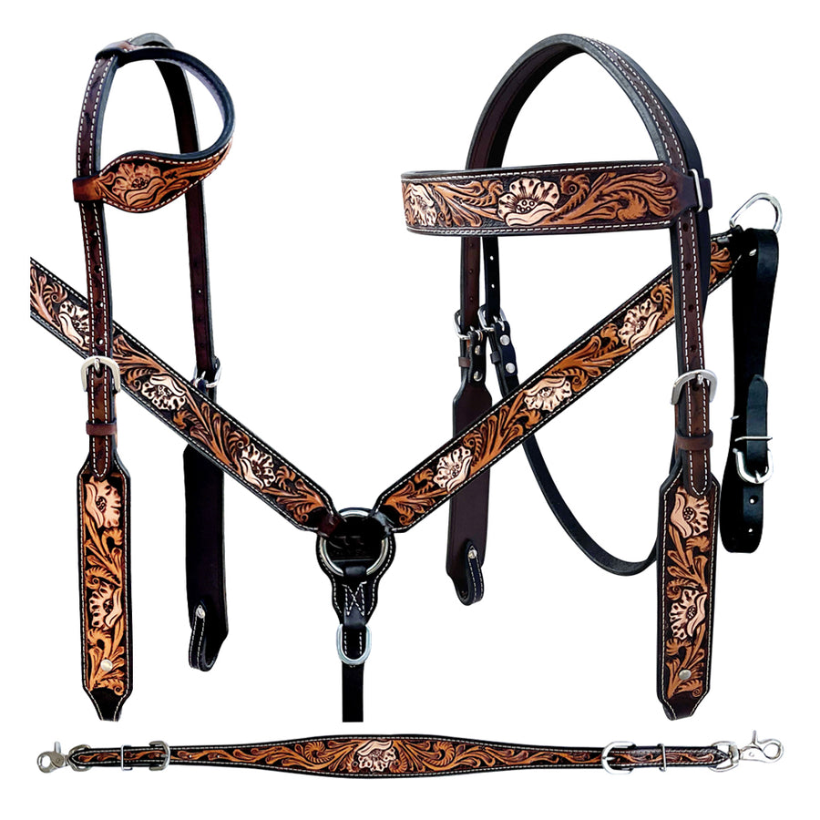 Bar H Equine American Leather Horse Saddle Tack One Ear Headstall | Breast Collar Browband Wither Strap Set BER267