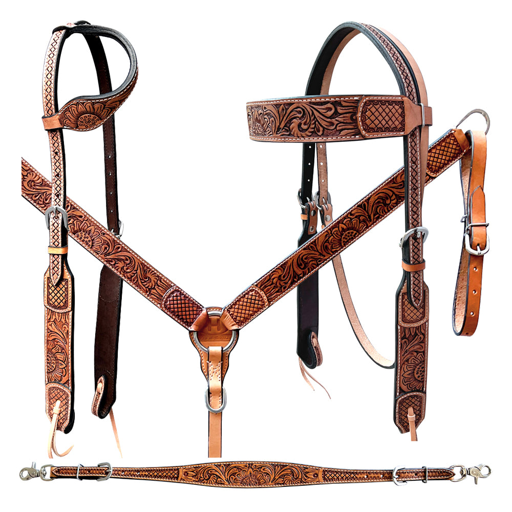 Bar H Equine American Leather Horse Saddle Tack One Ear Headstall | Breast Collar Browband Wither Strap Set BER269