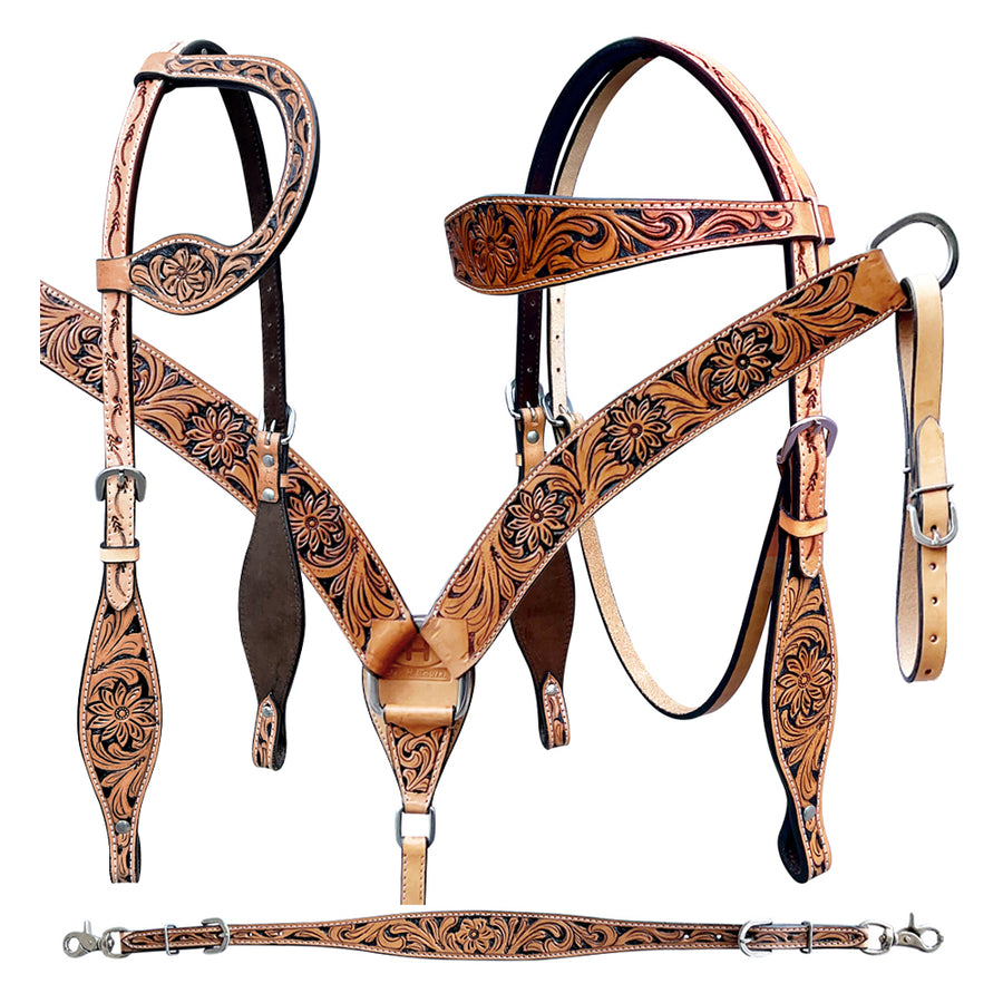 Bar H Equine American Leather Horse Saddle Tack One Ear Headstall | Breast Collar Browband Wither Strap Set BER273