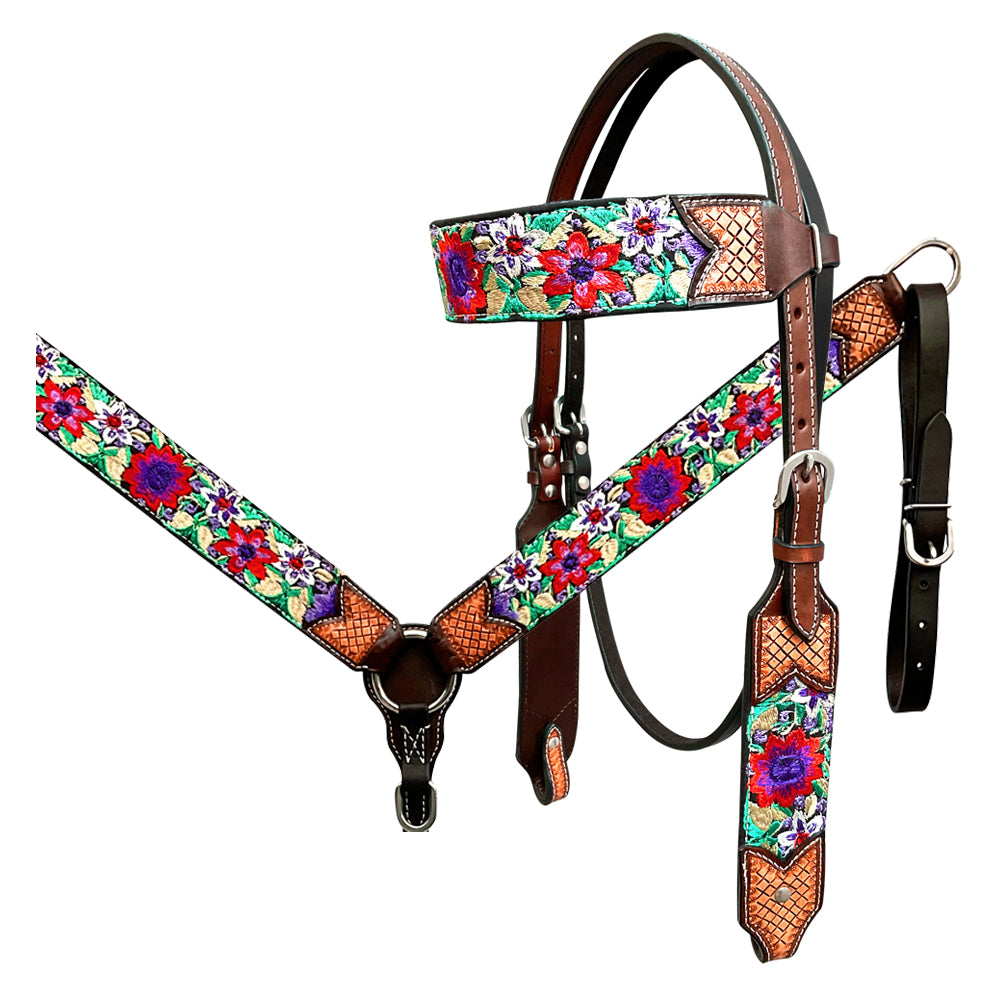 Bar H Equine Western Horse Floral Embroidery Design Genuine American Leather Tack Set