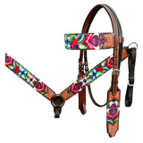 Bar H Equine Western Leather Horse Headstall & Breast Collar Brown