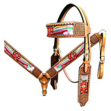 Bar H Equine Western Leather Horse Headstall & Breast Collar Tan