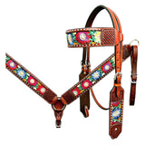 Bar H Equine Horse Genuine Leather embroidery design Breast Collar ,Headstall Brown
