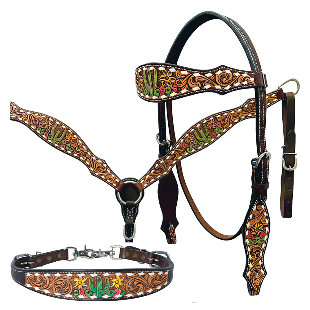 Bar H Equine Genuine Western American Leather Horse Premium Headstall & Breast Collar Set
