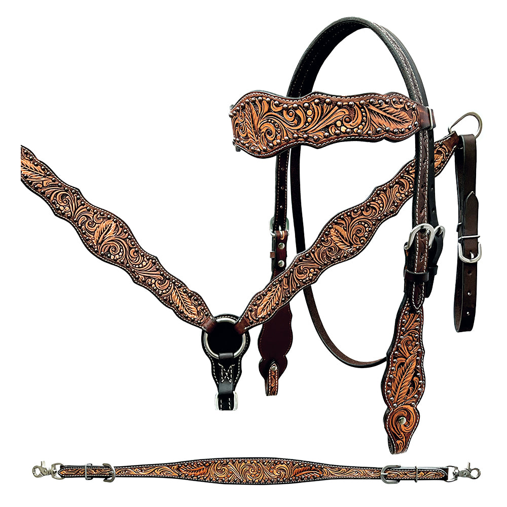 Bar H Equine Genuine Western American Leather Horse Premium Headstall & Breast Collar Set