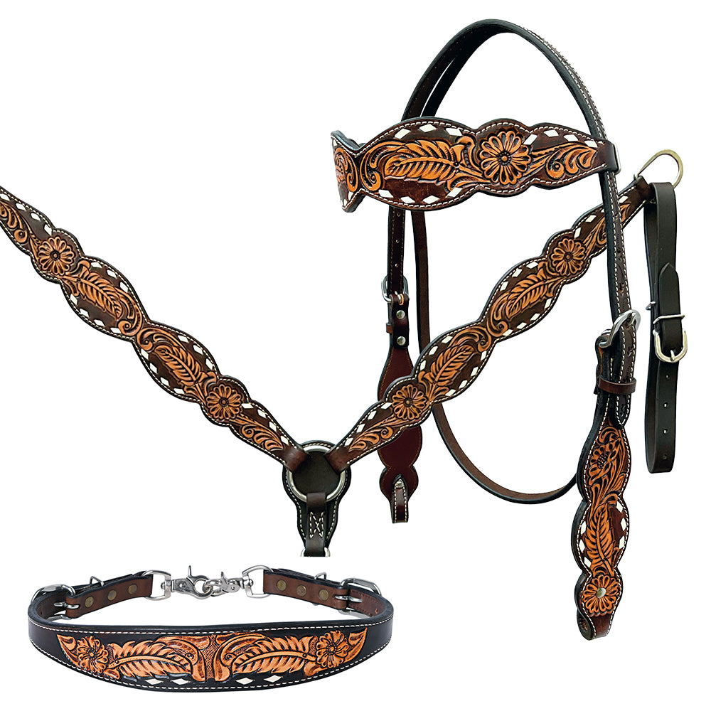 Bar H Equine Genuine Western American Leather Horse Premium Headstall & Breast Collar Set