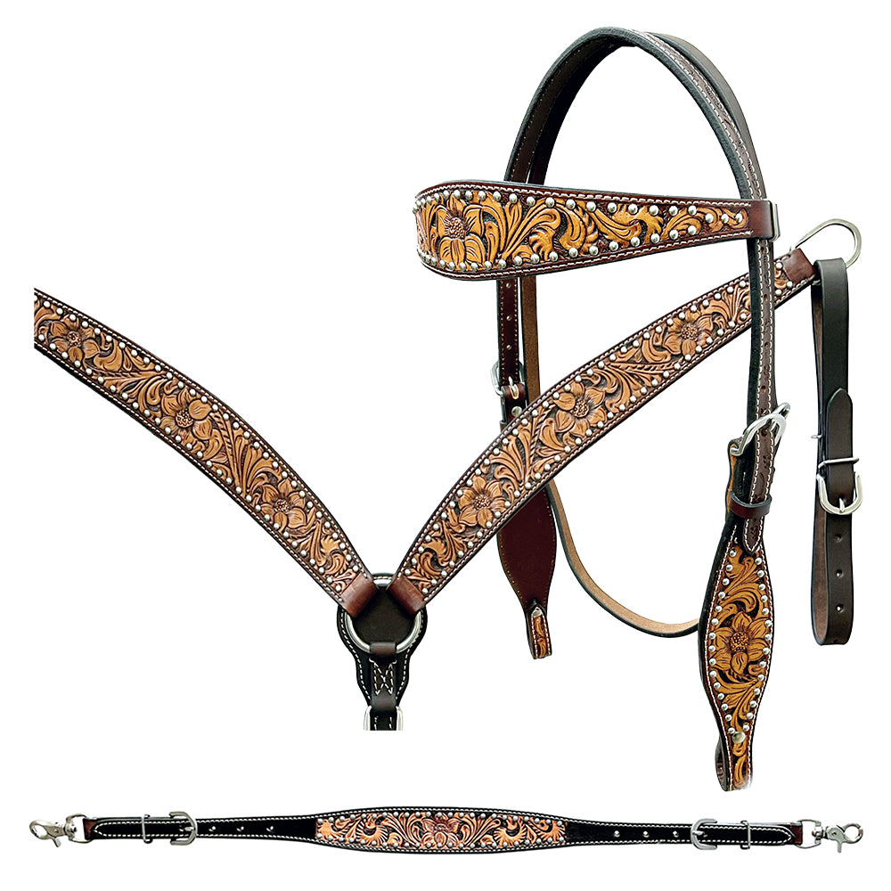 Bar H Equine Genuine Western American Leather Horse Premium Headstall & Breast Collar Set