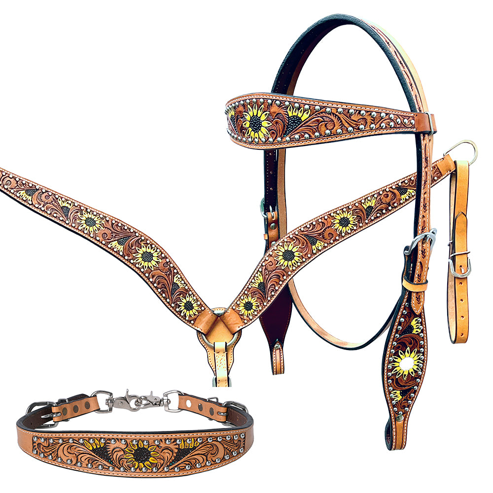 Bar H Equine Genuine Western American Leather Horse Premium Headstall & Breast Collar Set