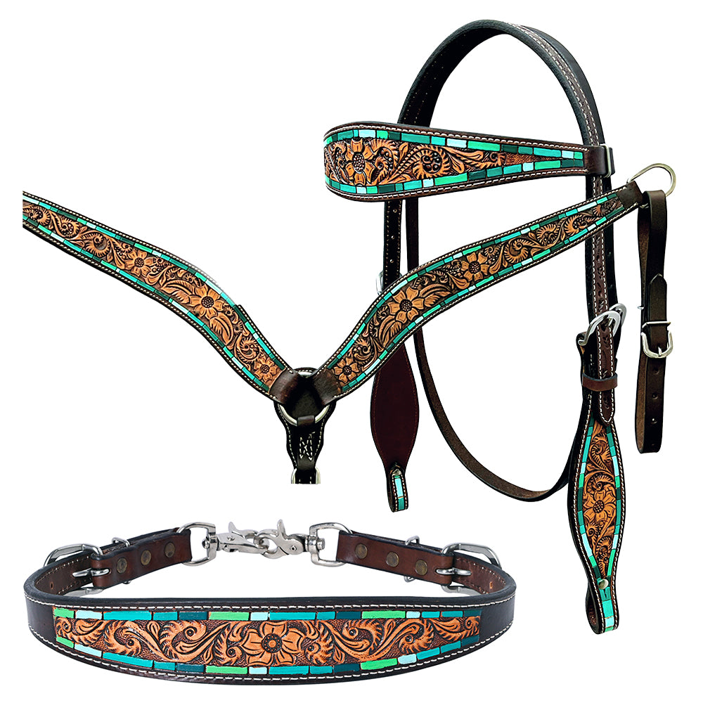 Bar H Equine Genuine Western American Leather Horse Premium Headstall & Breast Collar Set