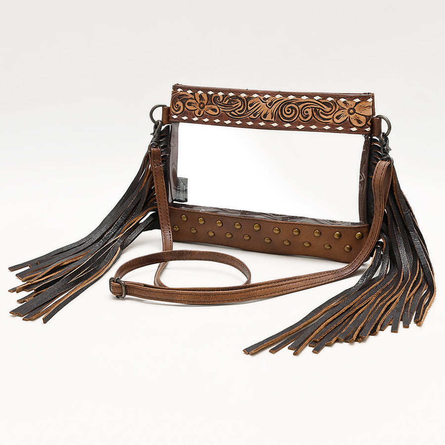 American Darling Hand Tooled Leather Fringe Clear Crossbody | Western Stadium Bag - Uhorse