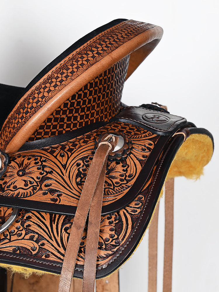 COMFYTACK Western Horse Barrel Racing American Leather Saddle Floral Carved & Tack Set Dark Brown