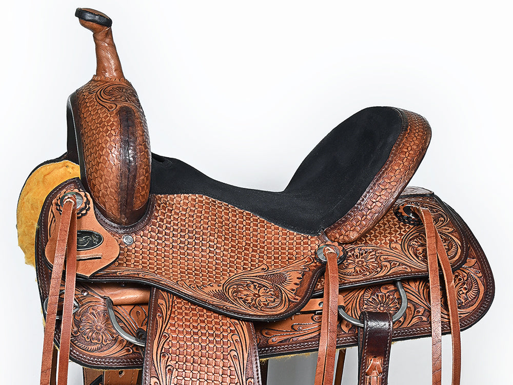 COMFYTACK Western Horse Barrel Racing American Leather Saddle Floral Carved & Tack Set Dark Brown
