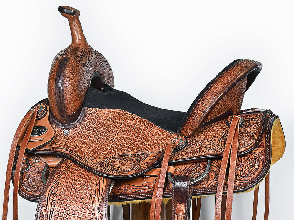 COMFYTACK Western Horse Barrel Racing American Leather Saddle Floral Carved & Tack Set Dark Brown