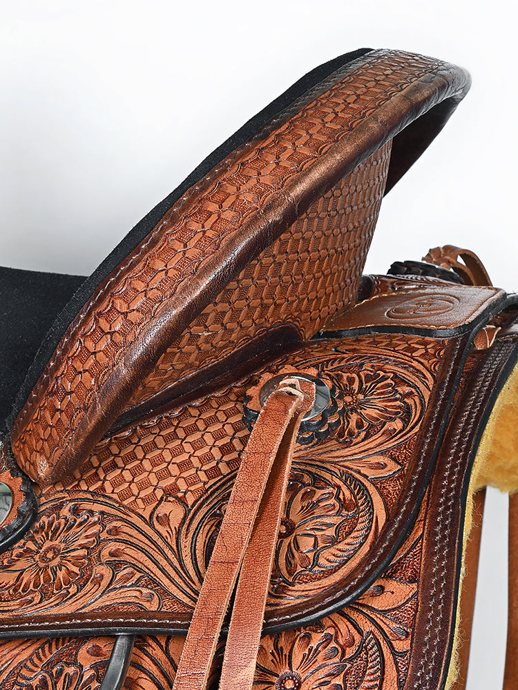 COMFYTACK Western Horse Barrel Racing American Leather Saddle Floral Carved & Tack Set Dark Brown