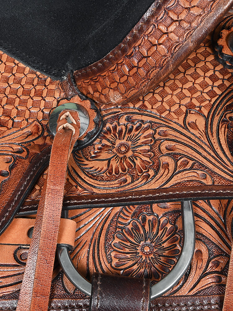 COMFYTACK Western Horse Barrel Racing American Leather Saddle Floral Carved & Tack Set Dark Brown