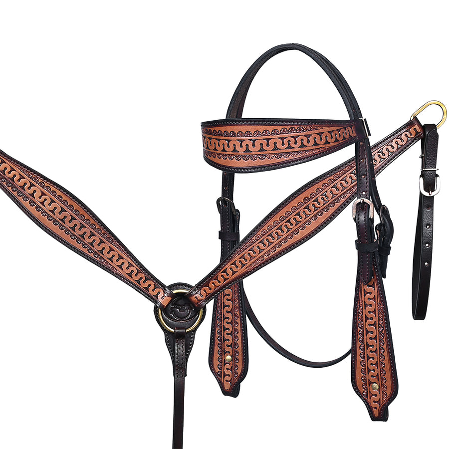 Comfytack Western Horse Headstall Breast Collar Hand Tooled Genuine American Leather Tack Brown - Uhorse