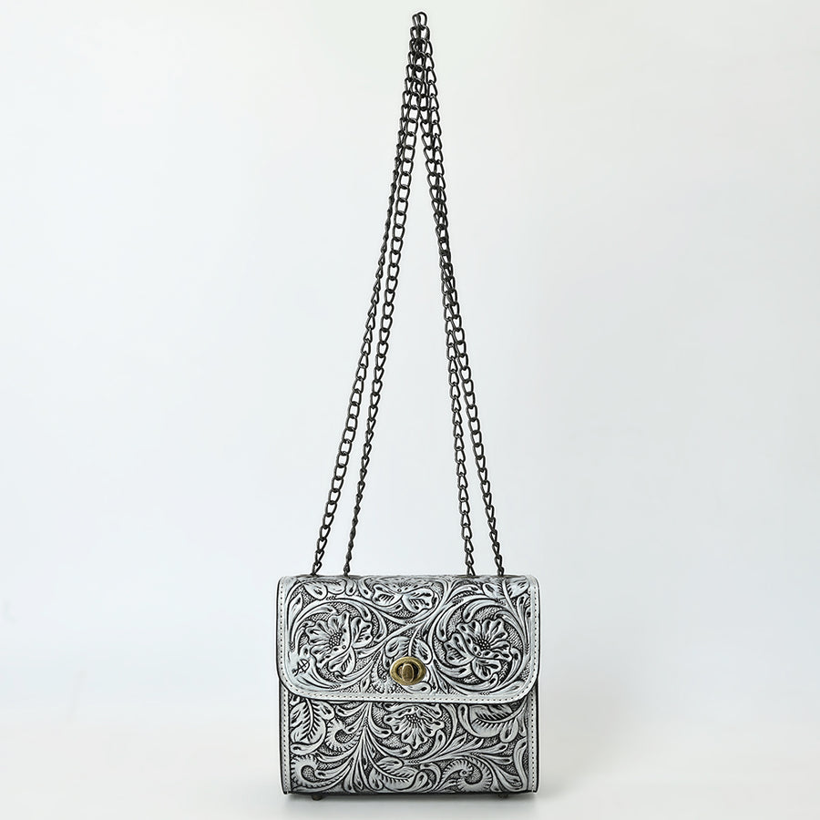 American Darling Hand-Tooled Leather Small Cross Body Bag with Floral Carving, Genuine Leather Build, Chain Strap & Well-Compartmentalized Interior