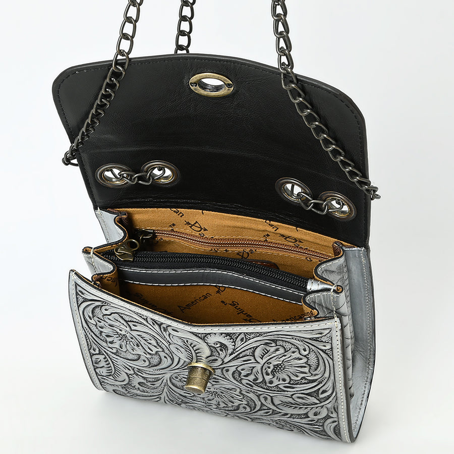 American Darling Hand-Tooled Leather Small Cross Body Bag with Floral Carving, Genuine Leather Build, Chain Strap & Well-Compartmentalized Interior