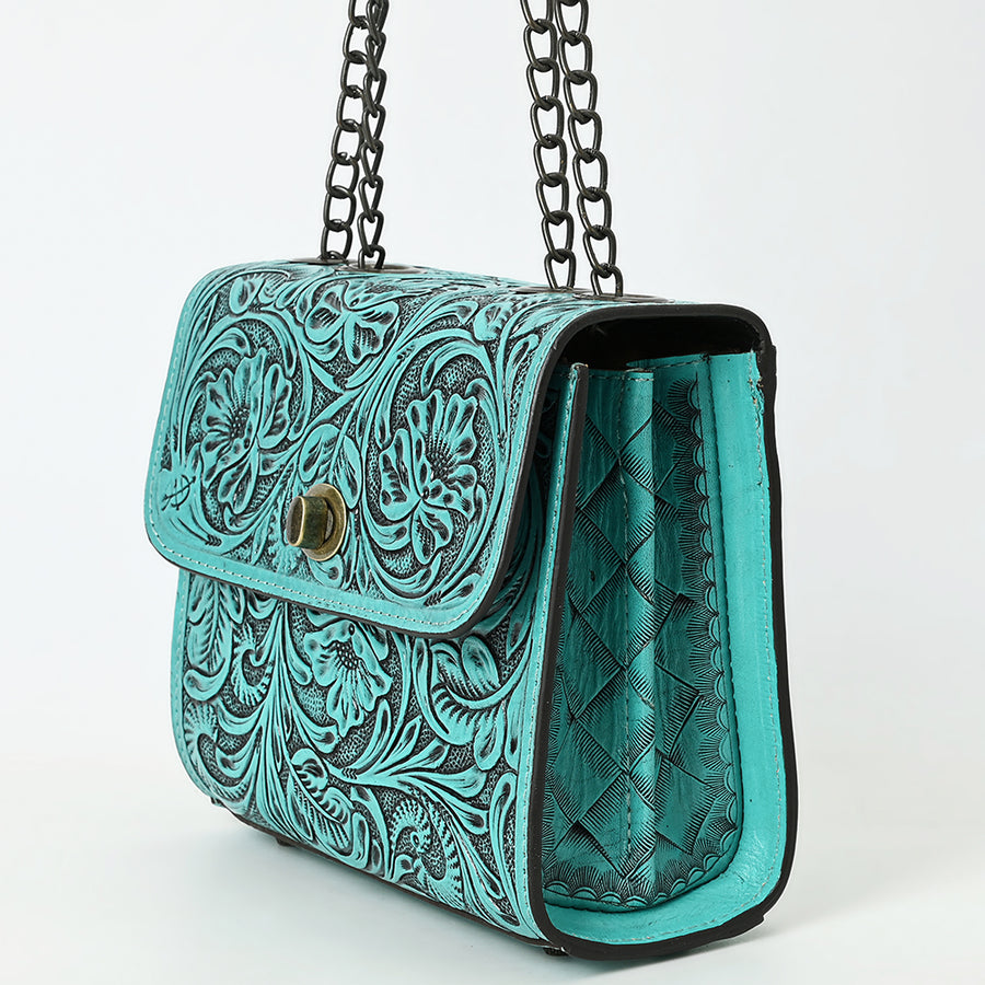 American Darling Hand-Tooled Leather Small Cross Body Bag with Floral Carving, Genuine Leather Build, Chain Strap & Well-Compartmentalized Interior