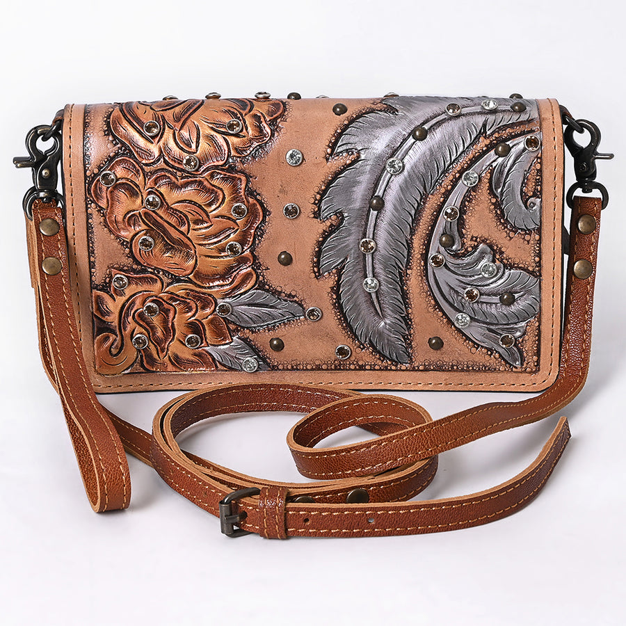 American Darling Hand-Tooled Leather Organiser Bag with Floral Carving, Rivet Embossing, Genuine Leather Build & Well-Compartmentalized Interior