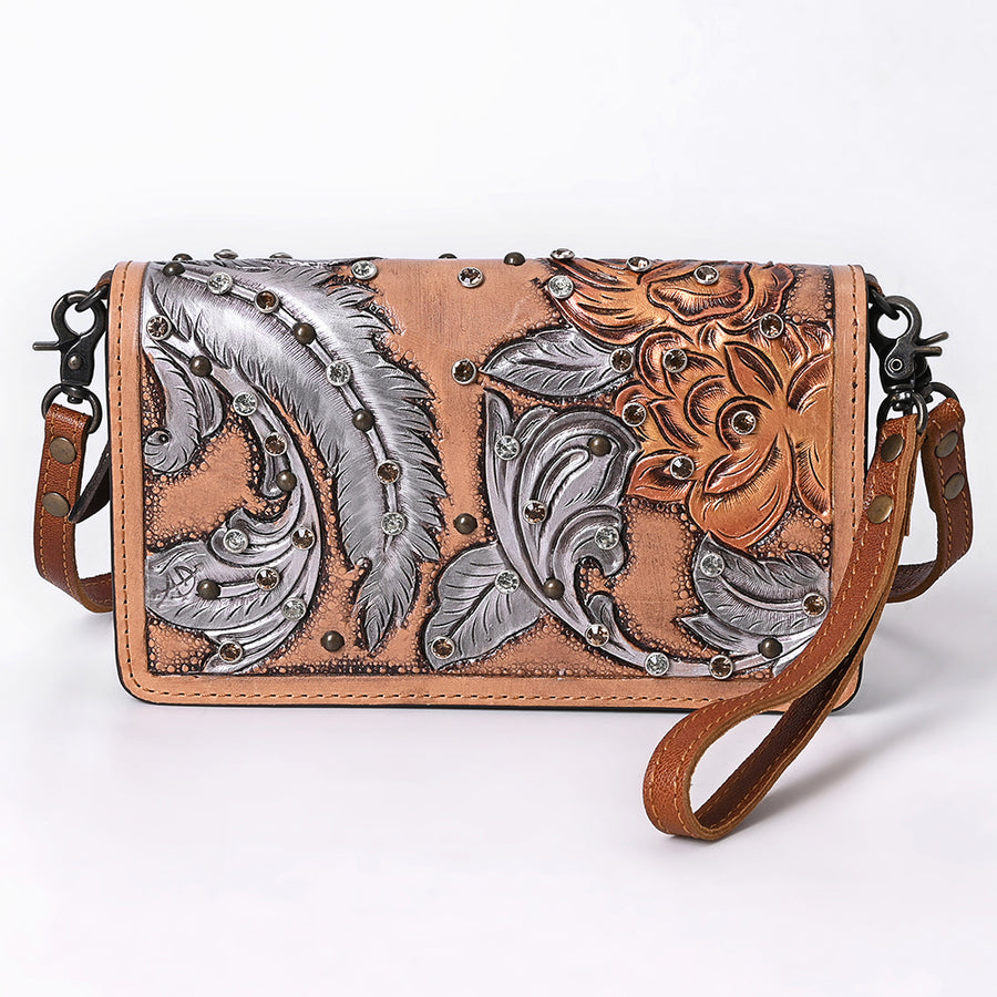 American Darling Hand-Tooled Leather Organiser Bag with Floral Carving, Rivet Embossing, Genuine Leather Build & Well-Compartmentalized Interior